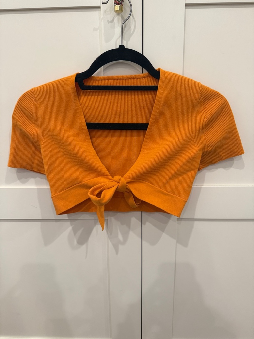 Cropped Tie-Front Ribbed Top - Orange